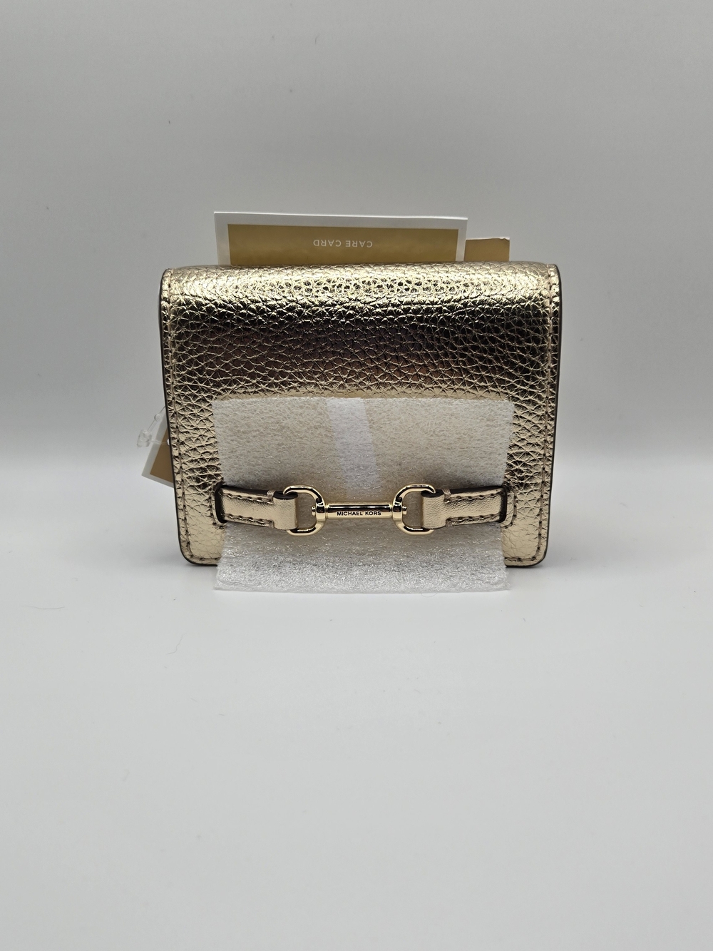 Michael Kors NWT Carson Metallic Pale Gold Leather Small Flap Wallet